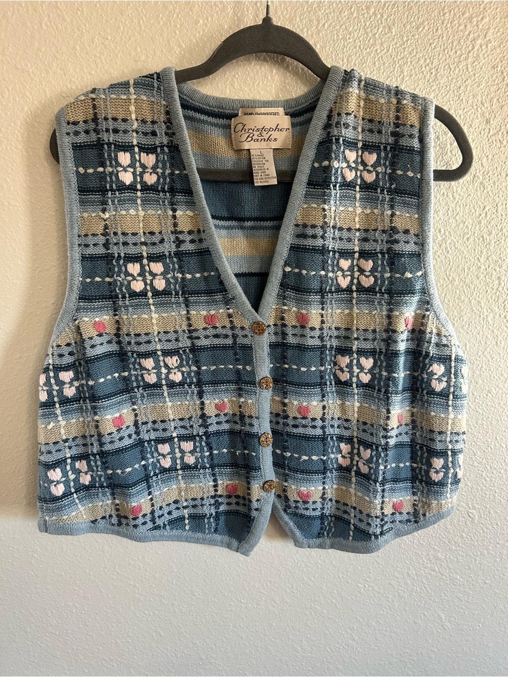 Vintage Christopher & Banks Plaid Heart Hand Embroidered Sweater Vest Womens L